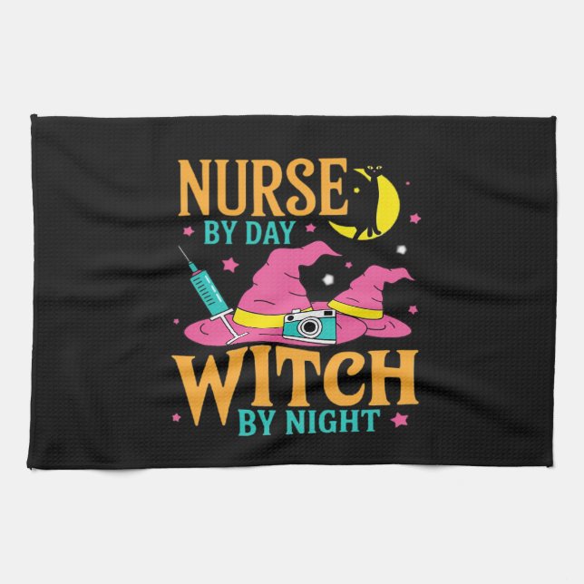 Nurse by Day, Witch by Night Cat Halloween Classic Tea Towel (Horizontal)
