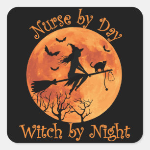Nurse by Day Witch by Night Funny Halloween Square Sticker