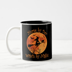 Nurse by Day Witch by Night Funny Halloween Two-Tone Coffee Mug