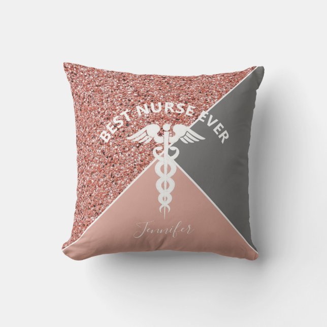 Nurse Caduceus Medical Rose Gold Personalized Name Cushion (Front)
