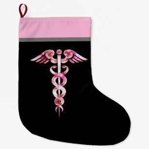 Nurse Caduceus Medical Symbol Black Pink Large Christmas Stocking