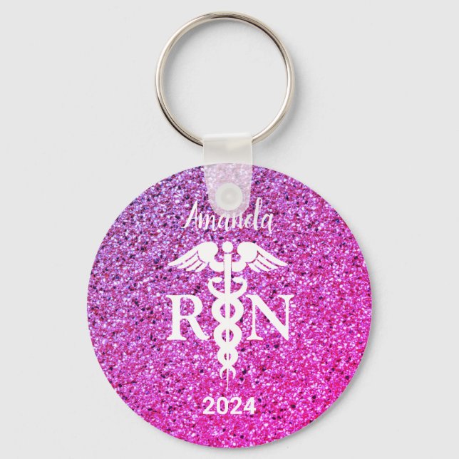 Nurse Caduceus Purple Pink Glitter Monogram Key Ring (Front)