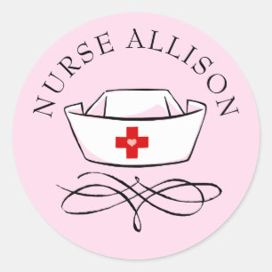 Nurse Cap Pink Personalised Classic Round Sticker