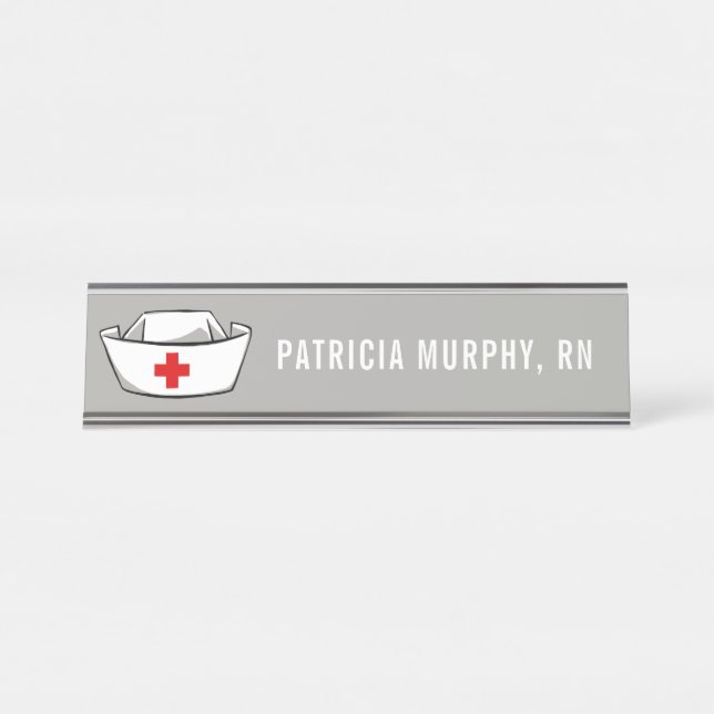 Nurse Cap RN Monogram Name Grey Desk Name Plate (Front)