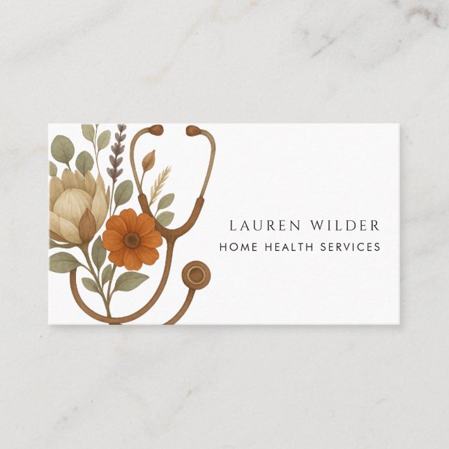 Nurse Caregiver Floral Stethoscope Blue  Business Card (Front)