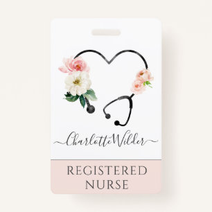 Nurse Caregiver Floral Stethoscope ID Badge