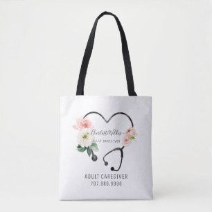 Nurse Caregiver Floral Stethoscope Promotional  Tote Bag