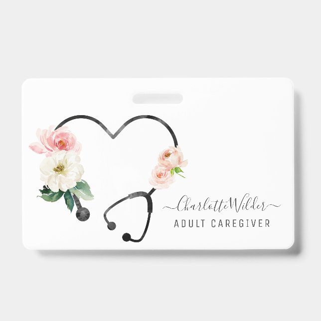 Nurse Caregiver Health Floral Stethoscope ID Badge (Front)