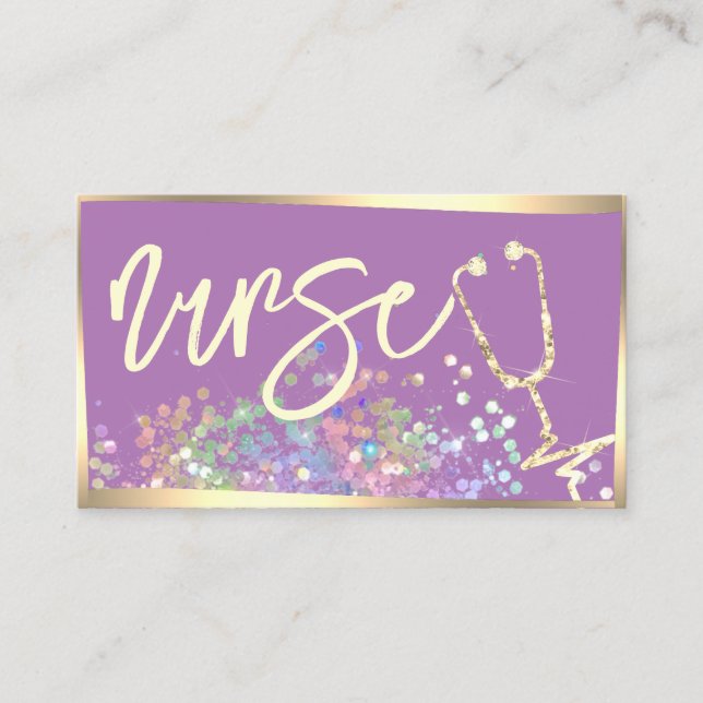 Nurse Caregiver Holographic Glitter Purple Gold Business Card (Front)