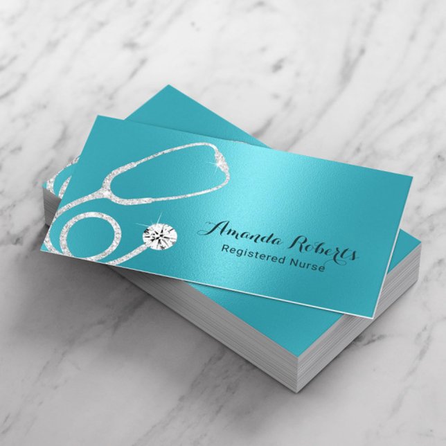 Nurse Caregiver Modern Turquoise Metallic Medical Business Card (Creator Uploaded)