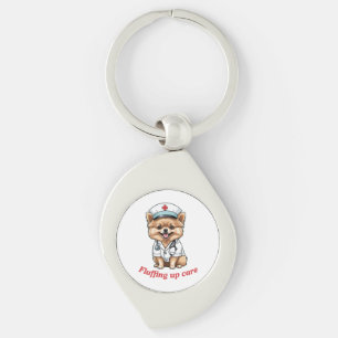 Nurse Cartoon with Pomeranian Dog Design Key Ring