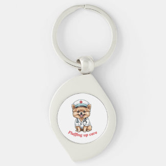 Nurse Cartoon with Pomeranian Dog Design Key Ring