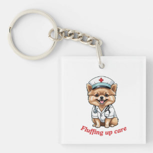 Nurse Cartoon with Pomeranian Dog Design Keychain