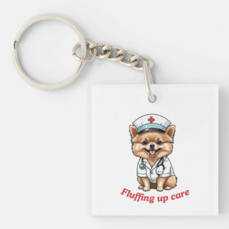 Nurse Cartoon with Pomeranian Dog Design Keychain
