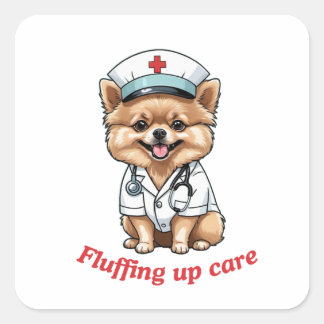 Nurse Cartoon with Pomeranian Dog Design Square Sticker