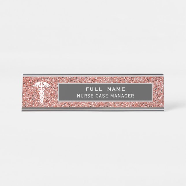 Nurse Case Manager Medical Rose Gold Glitter Desk Name Plate (Front)