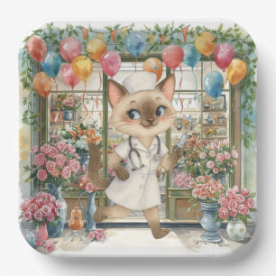 Nurse Cat Birthday Party with flowers and balloons Paper Plate