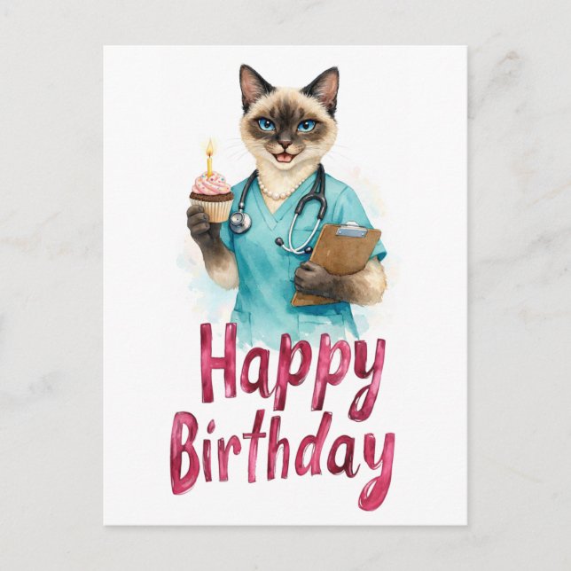 Nurse Cat with Cake and text Happy Birthday  Postcard (Front)