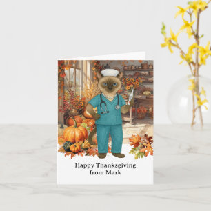 NURSE Cat with Flowers Fall Season Thanksgiving  Card