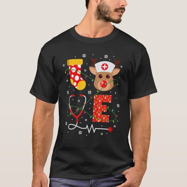 Nurse Christmas Cute Reindeer Stethoscope Xmas Lig T-Shirt (Front)