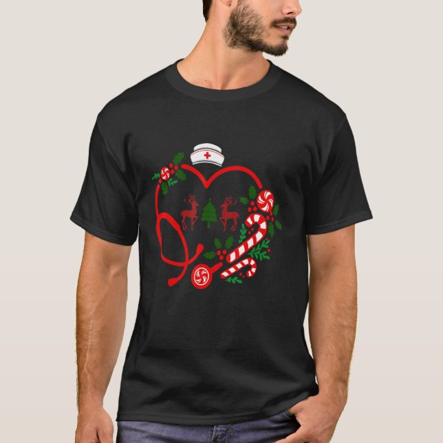 Nurse Christmas Heart Stethoscope RN LPN Scrub Nur T-Shirt (Front)