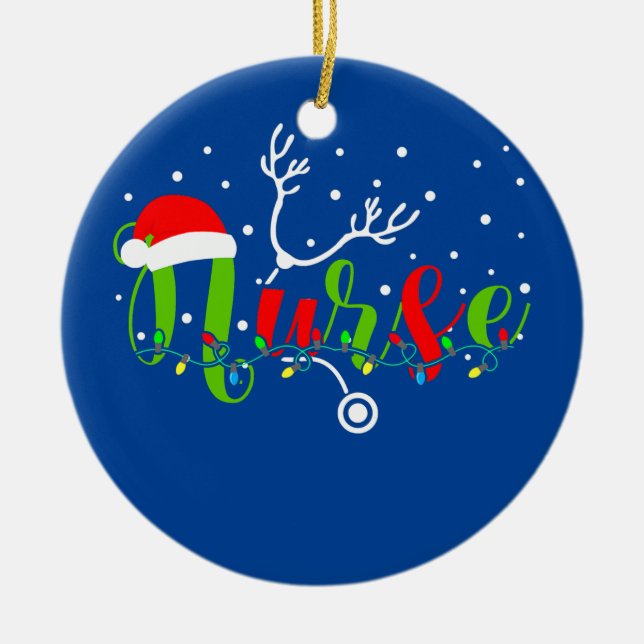 Nurse Christmas Santa Hat Snow Stethoscope Ceramic Ornament (Front)