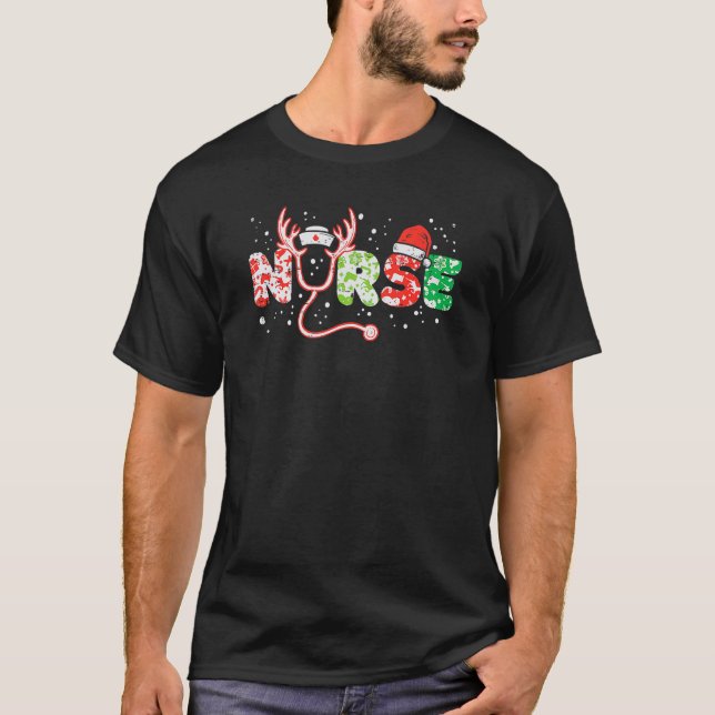 Nurse Christmas Stethoscope Nurses Xmas Pajamas PJ T-Shirt (Front)