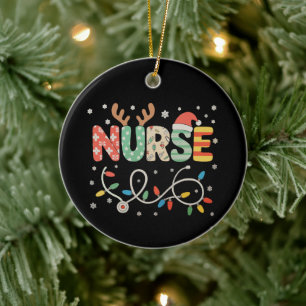 Nurse Christmas Stethoscope Santa Hat Reindeer Ceramic Ornament