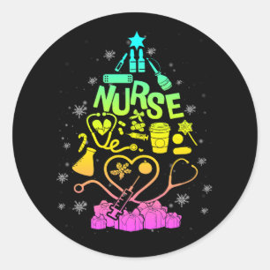 Nurse Christmas Tree Xmas Scrub Rn Cna Icu Stethos Classic Round Sticker
