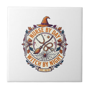 Nurse Day Witch Night Halloween Stethoscope Broom_ Ceramic Tile