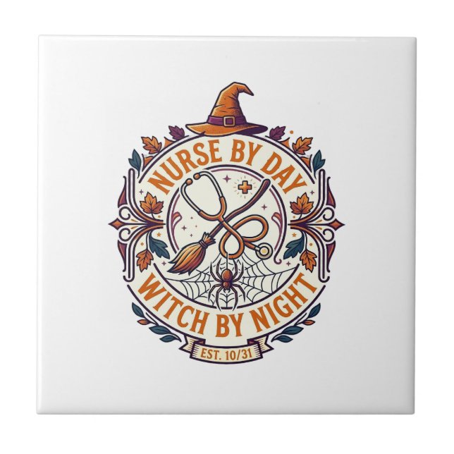 Nurse Day Witch Night Halloween Stethoscope Broom_ Ceramic Tile (Front)
