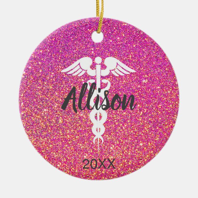 Nurse Doctor Medical Caduceus Pink Glitter Custom Ceramic Ornament (Front)