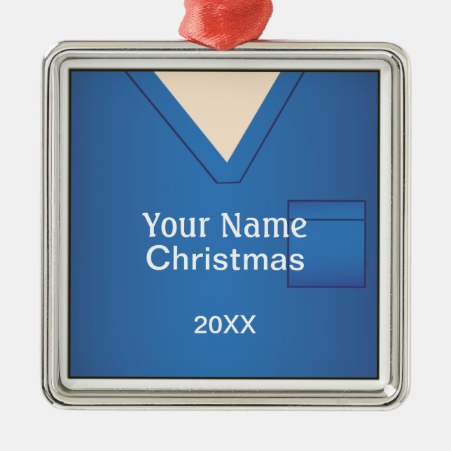 Nurse Doctor Scrubs Christmas Blue Premium 2 Metal Ornament (Front)