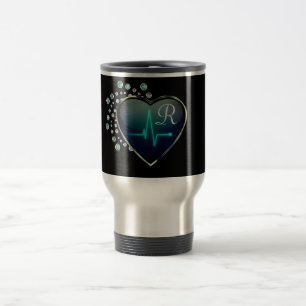 Nurse EKG heart jewel black silver blue Travel Mug