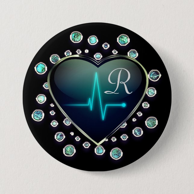 Nurse EKG heart jewel look black blue silver  7.5 Cm Round Badge (Front)