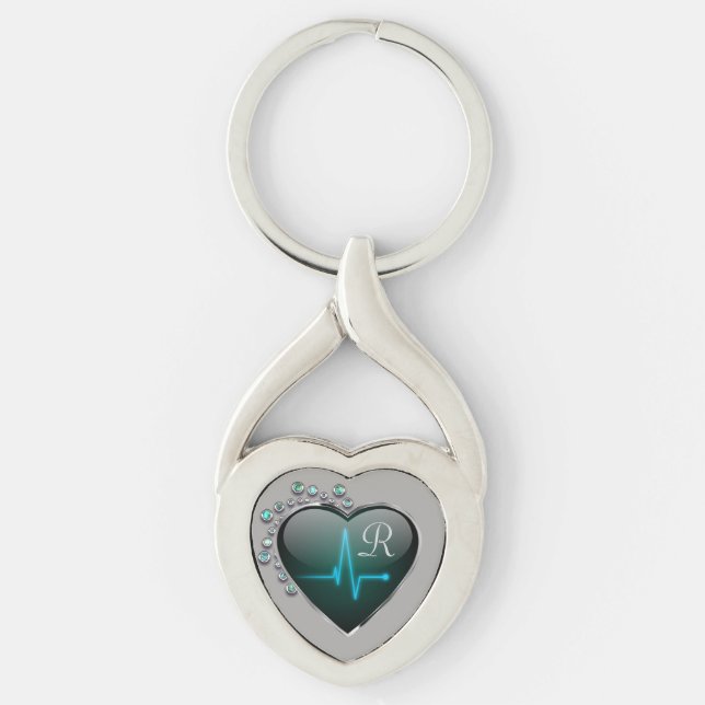 Nurse EKG line heart  jewel black silver blue Key Ring (Front)