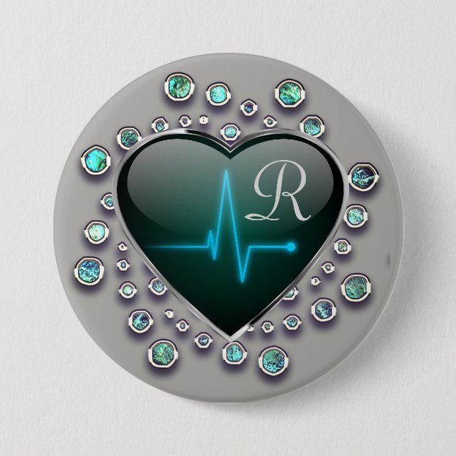 Nurse EKG line heart jewel look grey blue black 7.5 Cm Round Badge (Front)