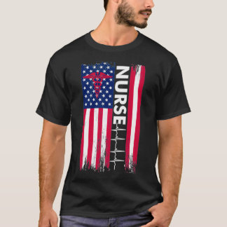 Nurse Flag Heartbeat Line USA American Heroes Nurs T-Shirt