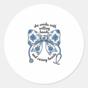 Nurse Floral Bow Stethoscope Vintage Engraving Des Classic Round Sticker