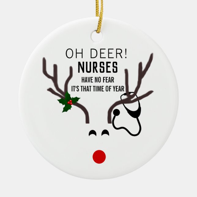 Nurse Funny Christmas Stethoscope Reindeer Ceramic Ornament (Front)