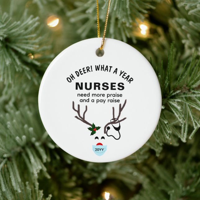 Nurse Funny Christmas Stethoscope Reindeer Custom Ceramic Ornament (Tree)