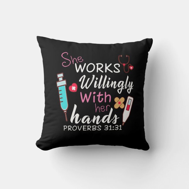 Nurse Gift | She Works Willingly Apparatus Nurse Cushion (Front)