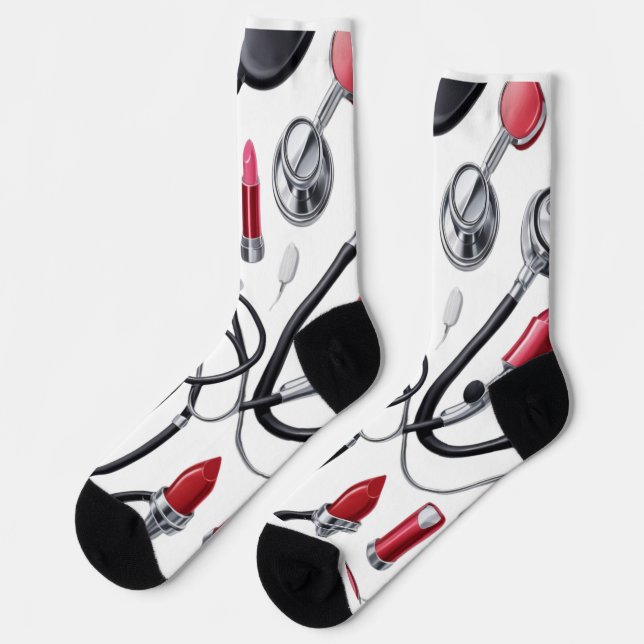 Nurse Glam – Stethoscope & Lipstick Pattern Socks (Left)