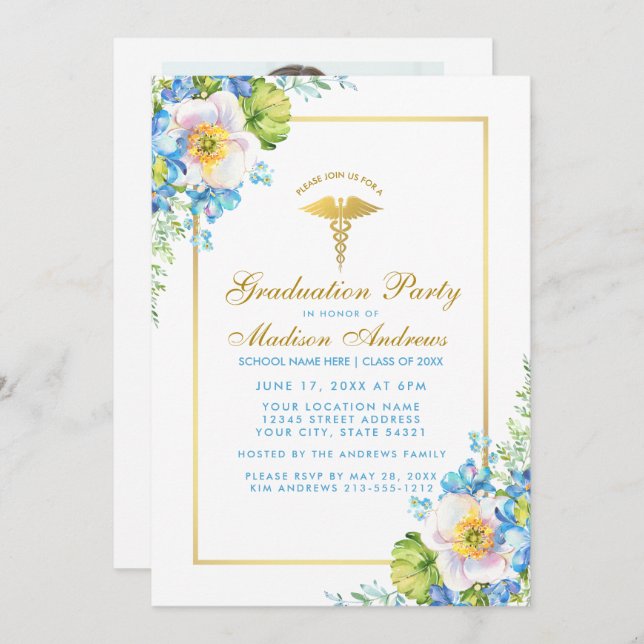 Nurse Gold Blue Grad Party Invite - Photo Back (Front/Back)