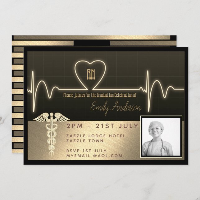 Nurse Graduate Invitation - Black Gold PHOTO (Front/Back)