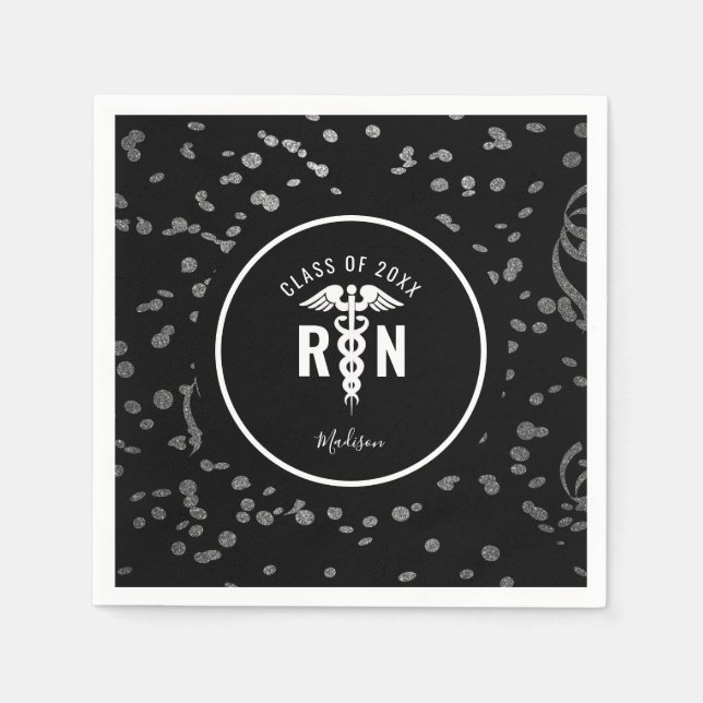 Nurse Graduate Party Black Silver Personalised Napkin (Front)