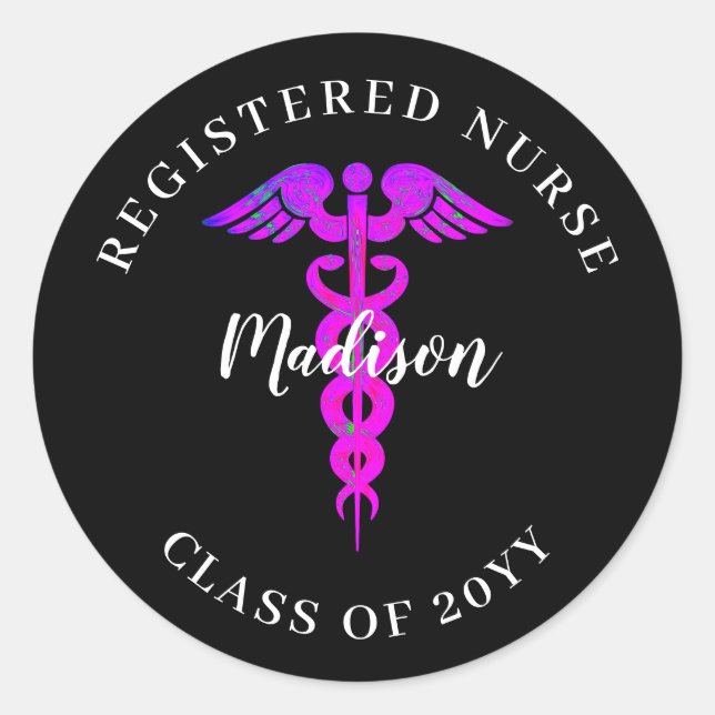 Nurse Graduation Black Pink Medical Caduceus Name Classic Round Sticker (Front)