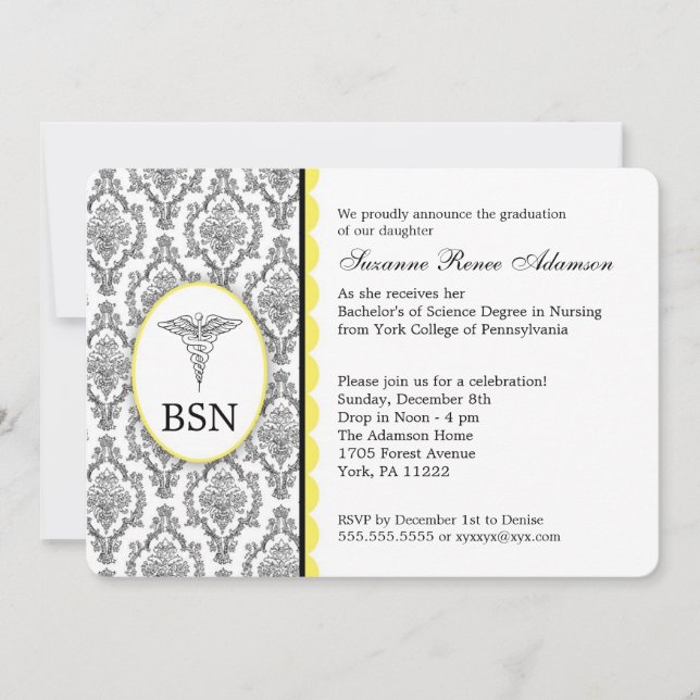 Nurse Graduation BSN RN black yellow damask Invitation (Front)