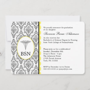 Nurse Graduation BSN RN black yellow damask Invitation