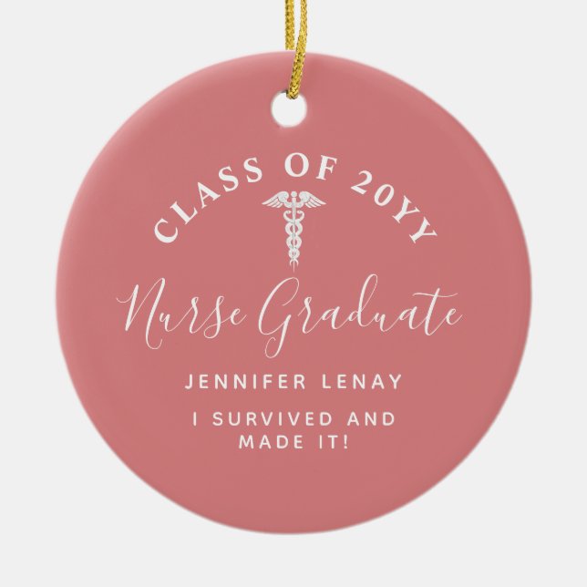 Nurse Graduation Caduceus Pink Keepsake Monogram Ceramic Ornament (Front)